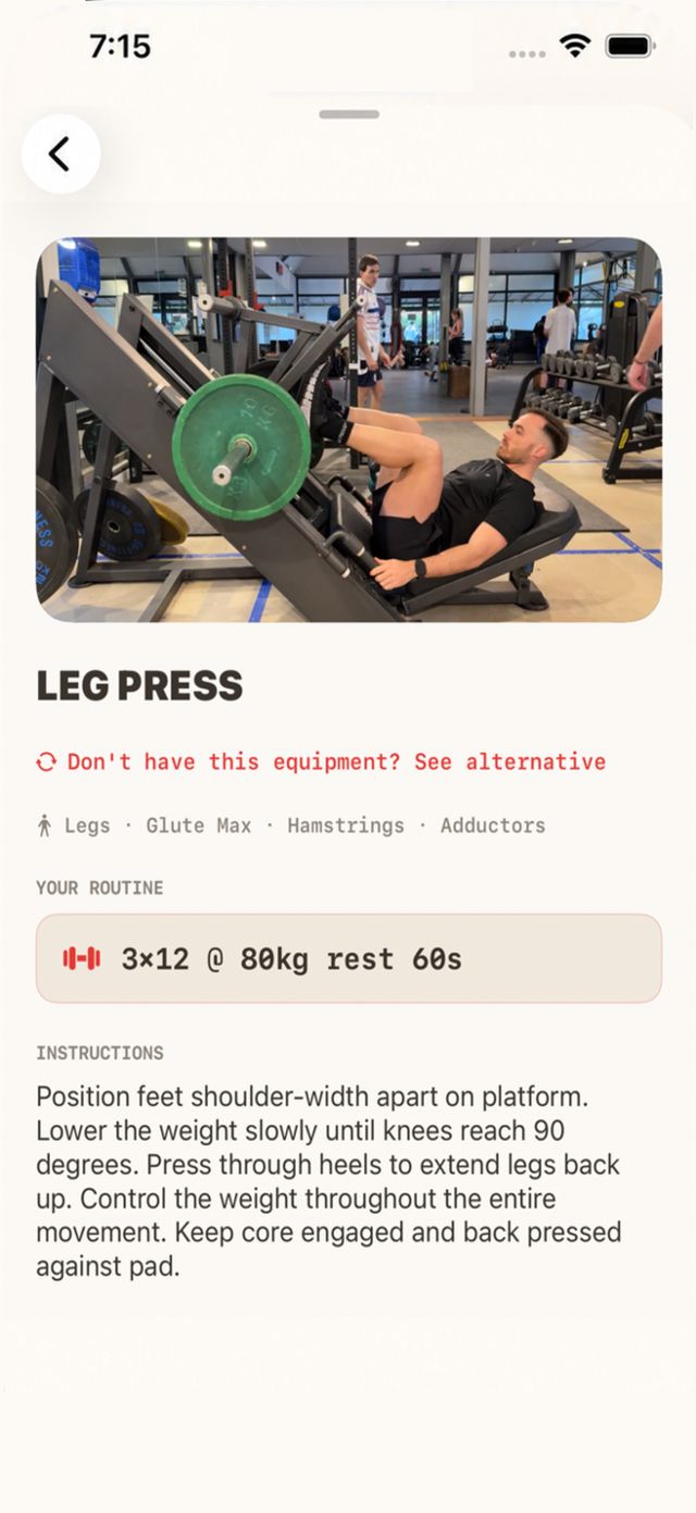 Leg Press exercise detail with its demo video and instructions